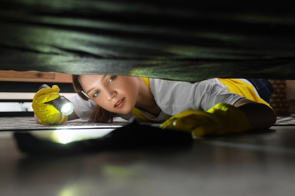 a woman shining her torch under a bed