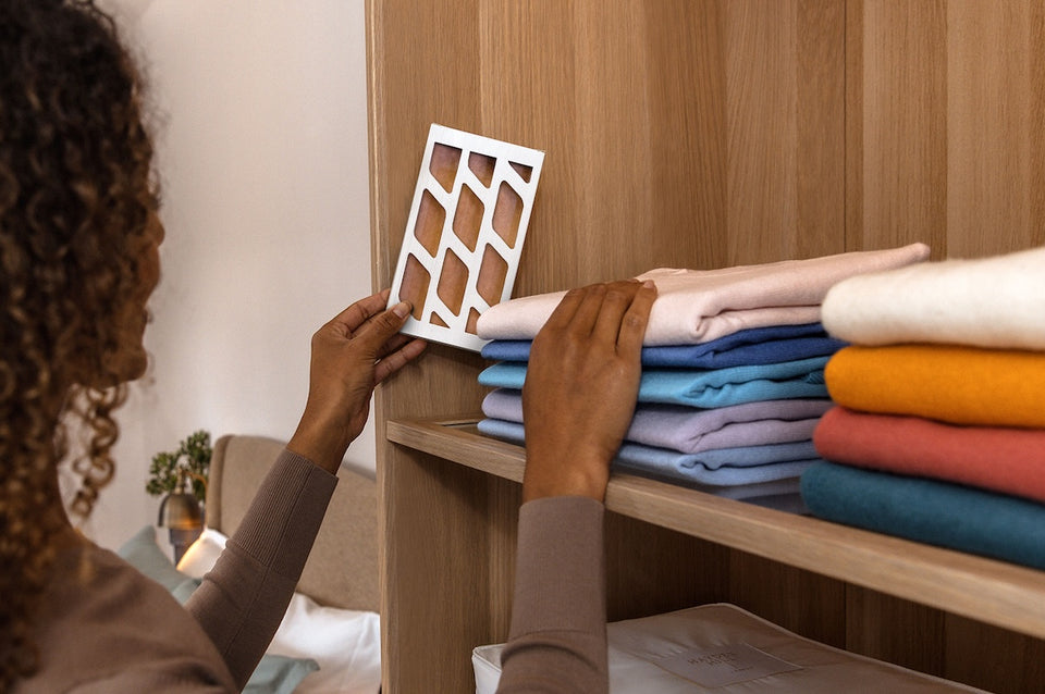 a woman placing a MothPrevention Clothes Moth Trap on a shelf next to a pile of sweaters