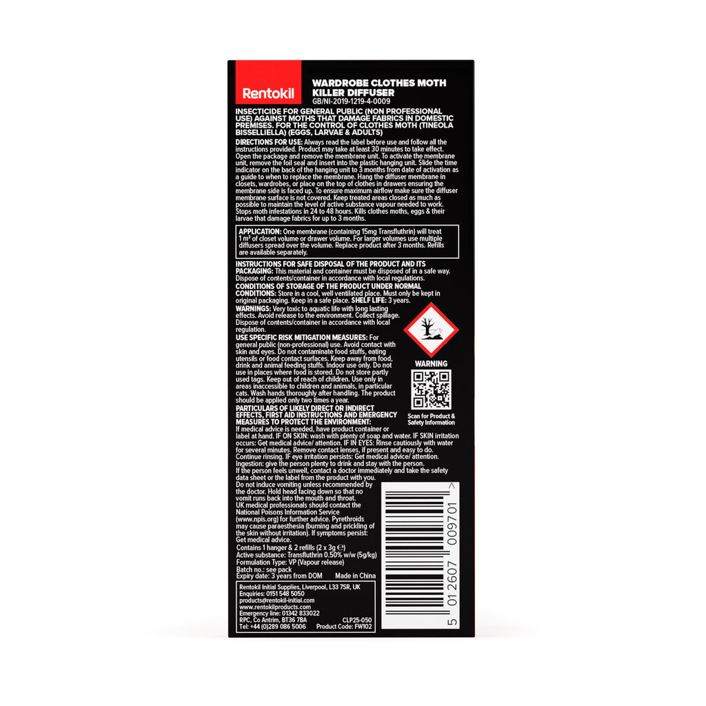 Rentokill Clothes Moth Killer Diffuser - 1 Hanging Tag & 2 Refills
