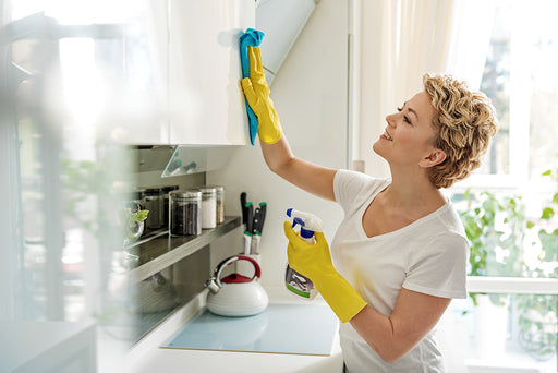 a woman thoroughly cleaning her kitchen