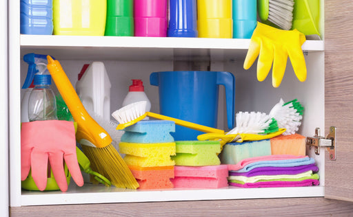 cleaning products stored neatly on shelves