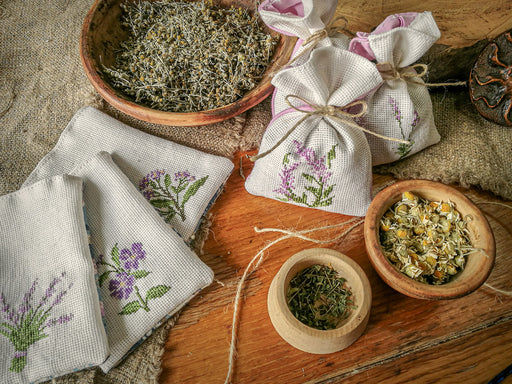 sachets being made from dried flowers including lavender